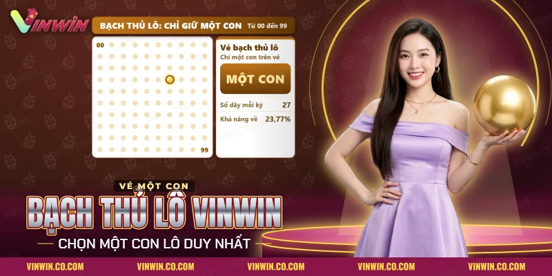 Bạch thủ lô Vinwin với một ô được chọn riêng trong lưới các con lô và tấm vé chỉ ghi một con