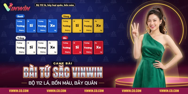 Bài Tứ Sắc Vinwin với các lá in tên quân cờ tướng xếp theo bốn màu