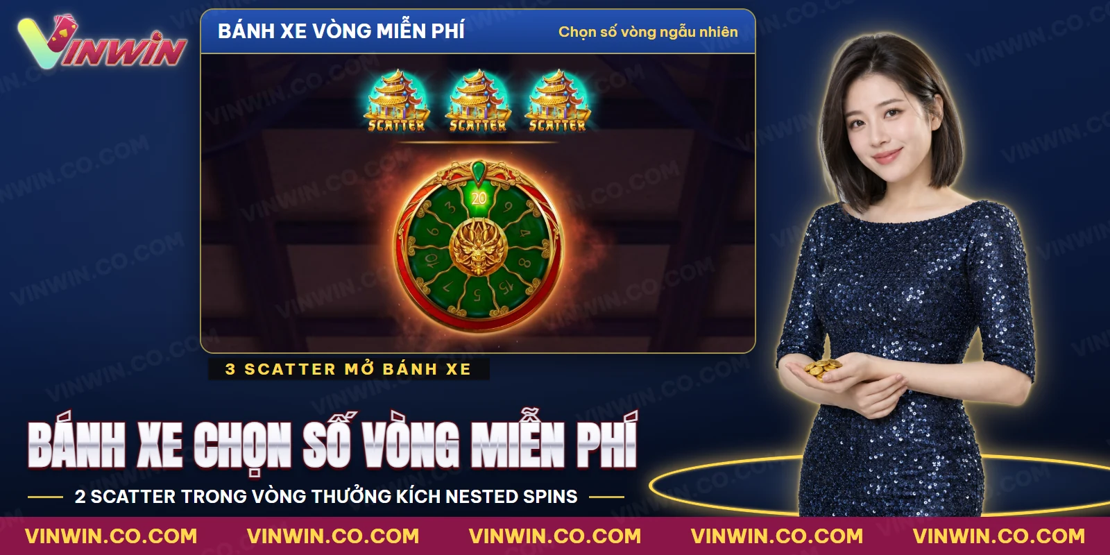 Bánh xe thưởng chọn số vòng miễn phí sau khi biểu tượng kích hoạt xuất hiện trong slot Legacy of Dynasties