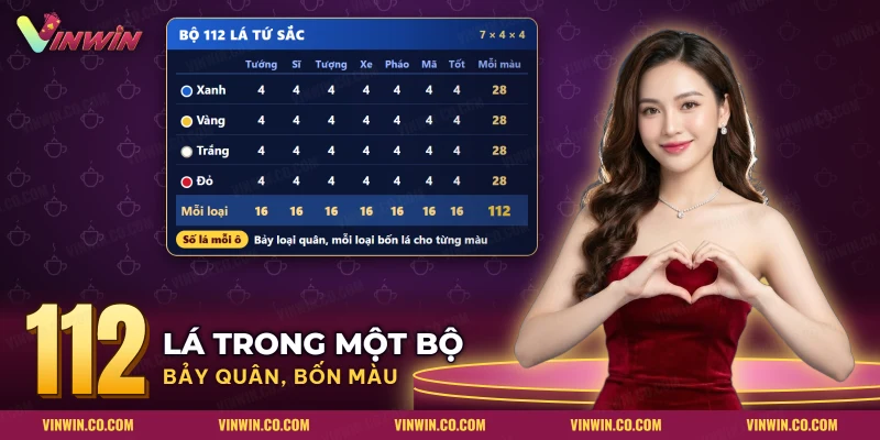 Bộ 112 lá Tứ Sắc chia bốn màu, mỗi màu hai mươi tám lá