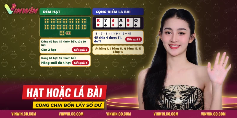 Hai cách ra kết quả của Fan Tan: đống hạt chia nhóm bốn và sáu lá bài cộng điểm rồi chia bốn