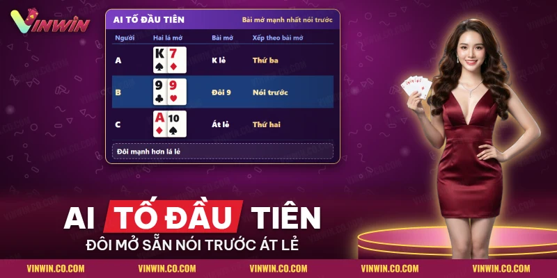 Lá mở của ba người chơi Xì Tố để tìm người tố đầu tiên