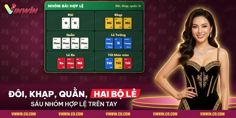 Các nhóm đôi, khạp, quằn và hai bộ lẻ của Tứ Sắc xếp cạnh nhau