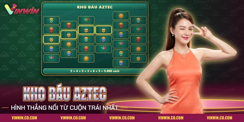 Lưới sáu cuộn nổ hũ Kho Báu Aztec Vinwin với mặt nạ nhiều màu, mặt trời và mầm cây