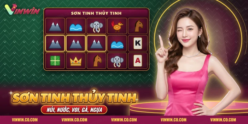 Biểu tượng núi, sóng nước, voi, gà và ngựa trên lưới nổ hũ Sơn Tinh Thủy Tinh Vinwin