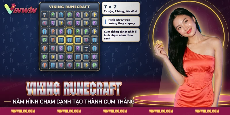 Lưới vuông nổ hũ Viking Runecraft Vinwin với đá rune khắc chữ cổ, búa và ba ô ghi chú luật cụm thắng