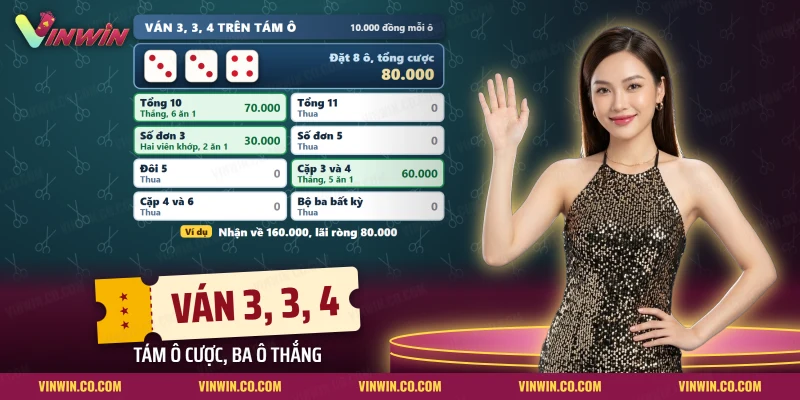 Ván Sicbo ra đôi ba và số bốn với các ô cược thắng và ô cược thua
